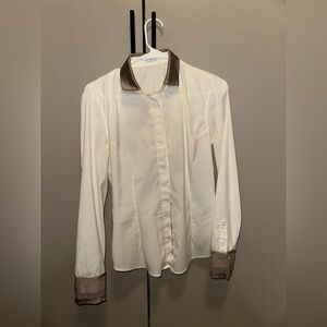 Brunello Cucinelli Silk Cream Shirt with Brown Trim size Medium